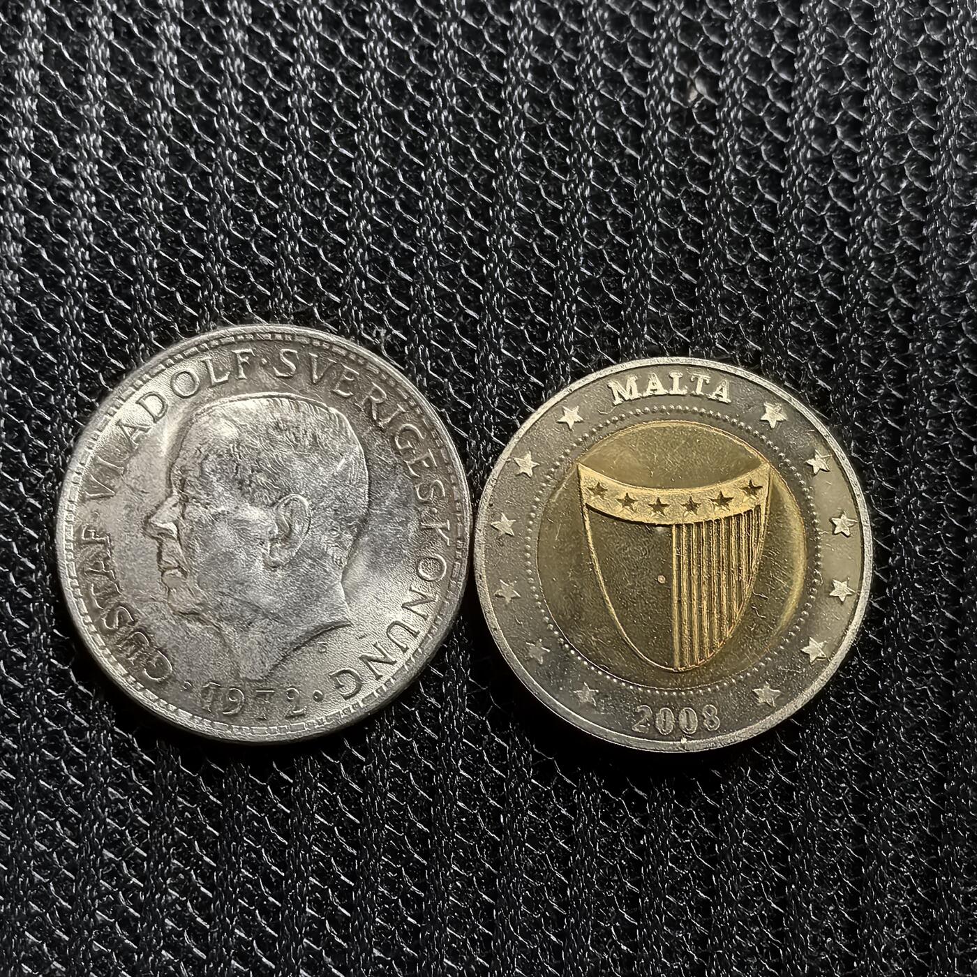 道一币馆币章第一百五十三场 UNC 瑞典1972年5克朗+马耳他2008年双金属纪念章