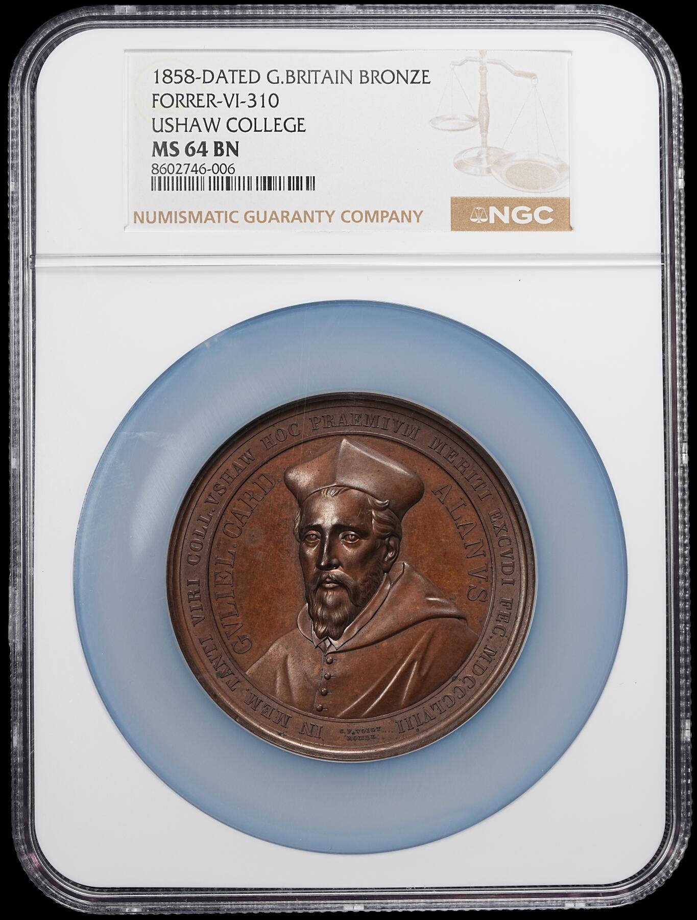 修遠堂世界钱币第九十二期 NGC MS64BN 1858年英国天主教神学院伍绍学院纪念高浮雕大铜章 设计雕刻极其精美