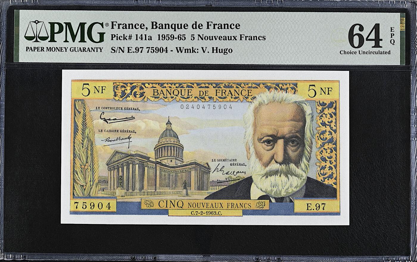 《艾美收藏》第219期-11.9周日外币畅拍场 法国5法郎 PMG64E 1963年 法国作家维克多·雨果 带EPQ 低评 剪壳裸币收藏首选