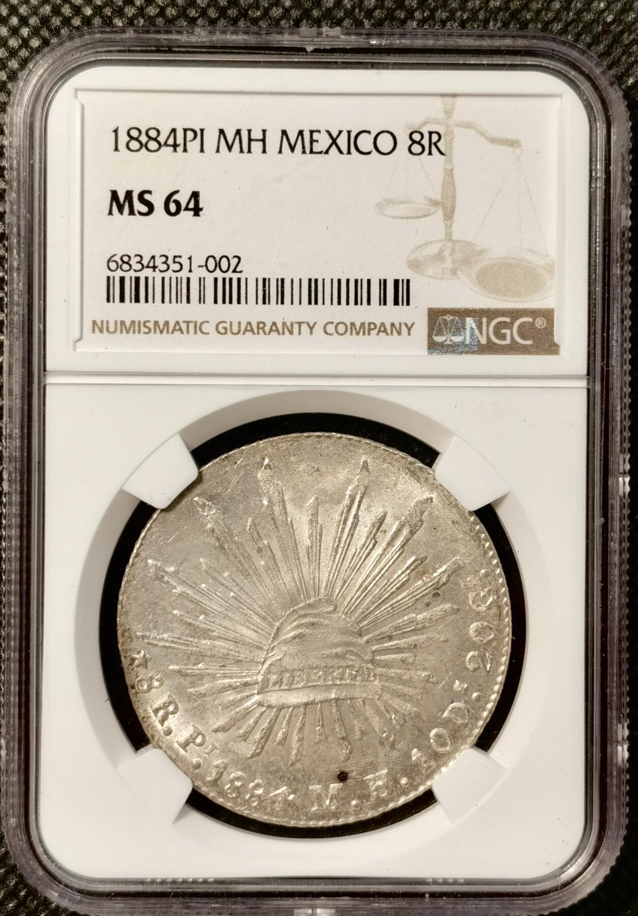 甄臻铺-世界币章拍卖（第38期）立冬小精品场，送拍享返佣金等优惠多多 NGC-MS64 1884年PI MH墨西哥鹰洋8里亚尔大银币，少见厂，丝滑流水转光
