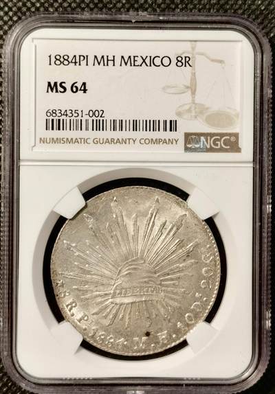 甄臻铺-世界币章拍卖（第38期）立冬小精品场，送拍享返佣金等优惠多多 - NGC-MS64 1884年PI MH墨西哥鹰洋8里亚尔大银币，少见厂，丝滑流水转光