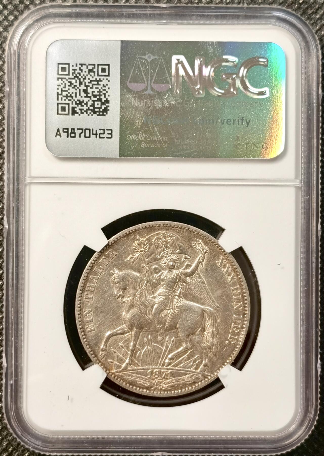 甄臻铺-世界币章拍卖（第38期）立冬小精品场，送拍享返佣金等优惠多多 NGC-AUD 1871年德国萨克森胜利泰勒银币，淡淡金色包浆