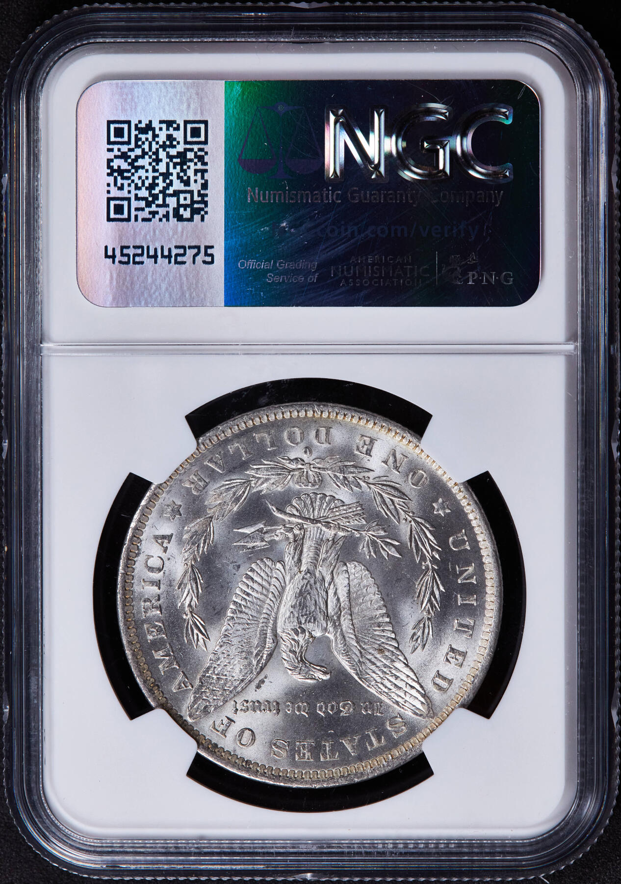 【俄甄集藏】2025年(044)11-12星期三晚 19:30 全场包邮 美国1884年O版摩根1美元大银币，NGC MS64，月牙酱彩环彩，转光品相，少见包浆状态