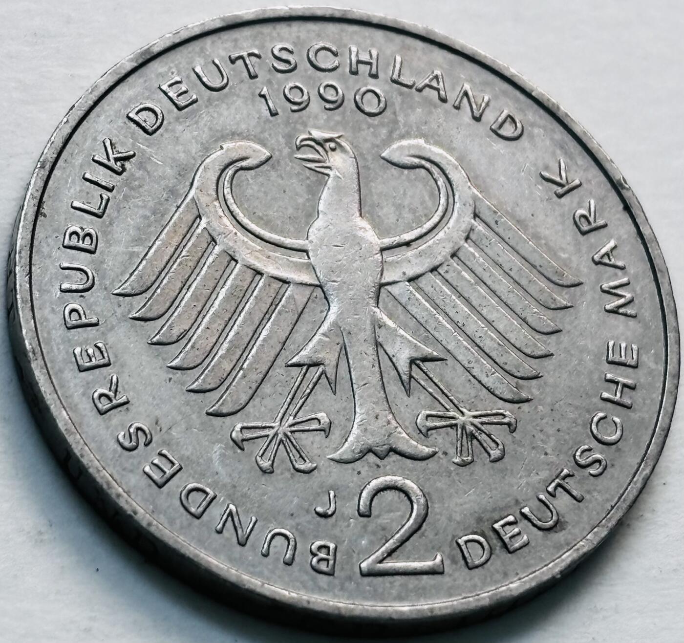 文馨钱币收藏第 279 场，银币，纪念铜章场 长期接收代拍品 1990 年德国 2 马克 J 版，法学家舒马赫纪念币