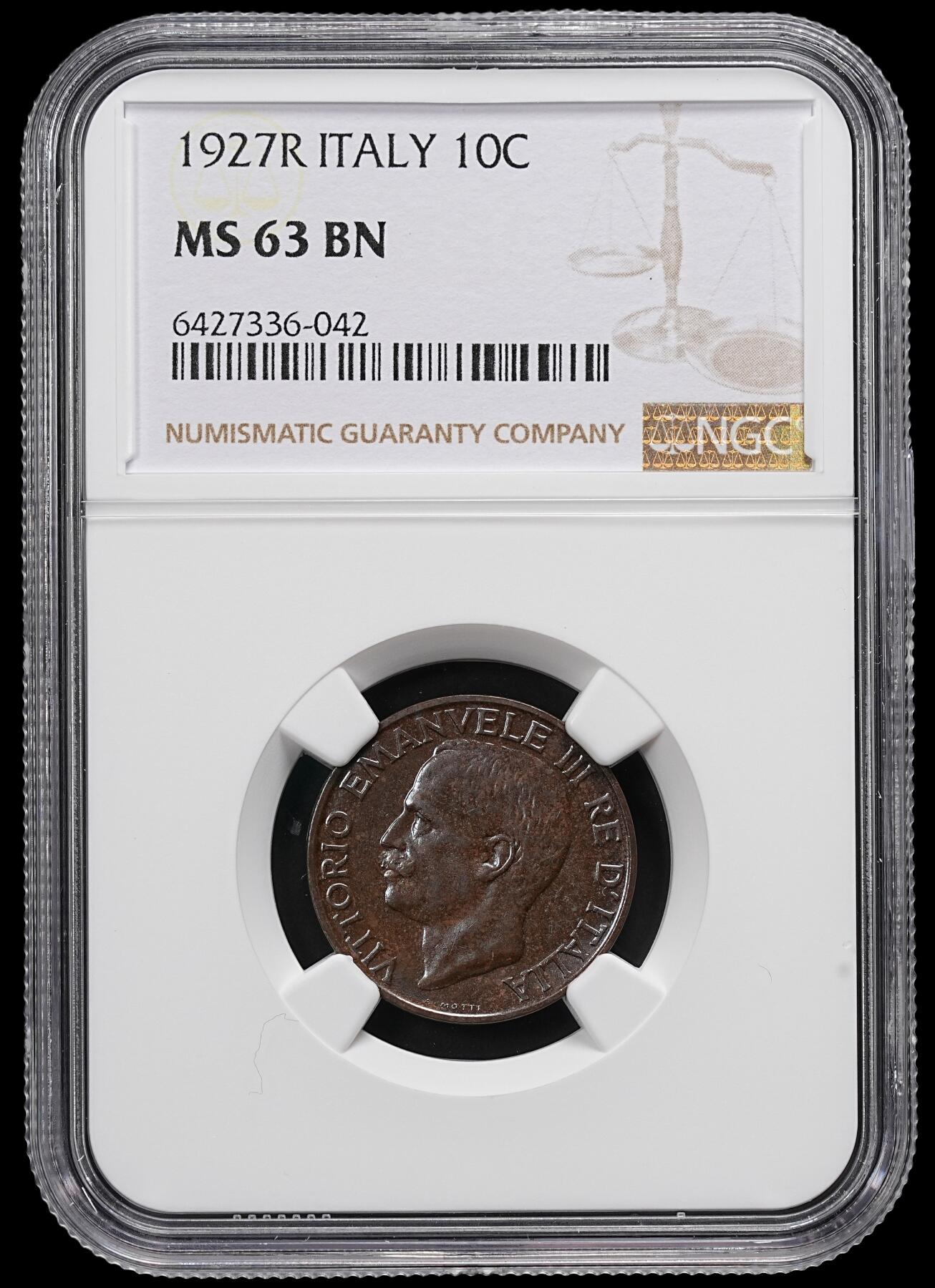 修遠堂世界钱币第九十二期 NGC MS63BN 1927年意大利10分