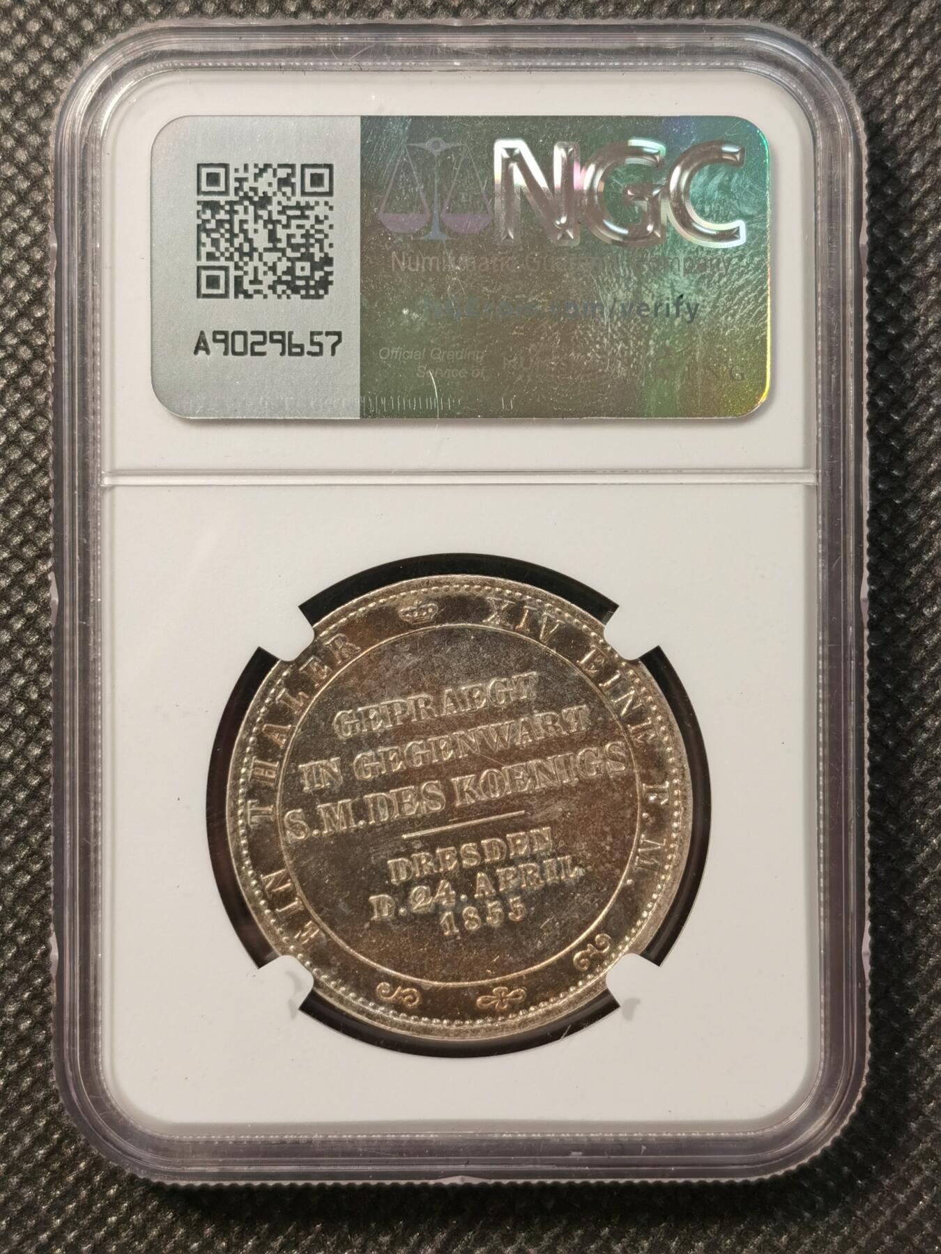 甄臻铺-世界币章拍卖（第38期）立冬小精品场，送拍享返佣金等优惠多多 NGC-UNCD 1855年德国萨克森约翰国王访问造币厂纪念泰勒 少见品种 pl质感 金彩包浆