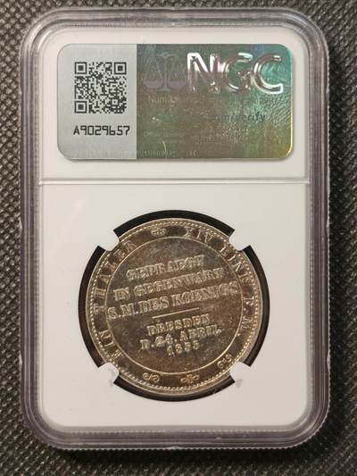 甄臻铺-世界币章拍卖（第38期）立冬小精品场，送拍享返佣金等优惠多多 NGC-UNCD 1855年德国萨克森约翰国王访问造币厂纪念泰勒 少见品种 pl质感 金彩包浆