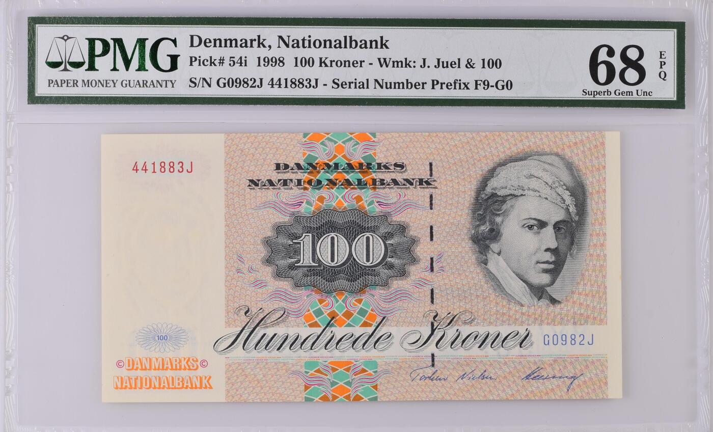 《艾美收藏》第219期-11.9周日外币畅拍场 丹麦1998年少见G0收尾冠100克朗PMG68E唯五冠军分 难上分 双面精雕 Pick#54i 飞蛾 严评时期经典壳，G0收尾冠被国外藏家广泛追捧，自G0后开始使用新版设计