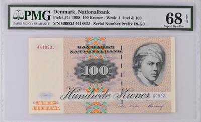 《艾美收藏》第219期-11.9周日外币畅拍场 - 丹麦1998年少见G0收尾冠100克朗PMG68E唯五冠军分 难上分 双面精雕 Pick#54i 飞蛾 严评时期经典壳，G0收尾冠被国外藏家广泛追捧，自G0后开始使用新版设计