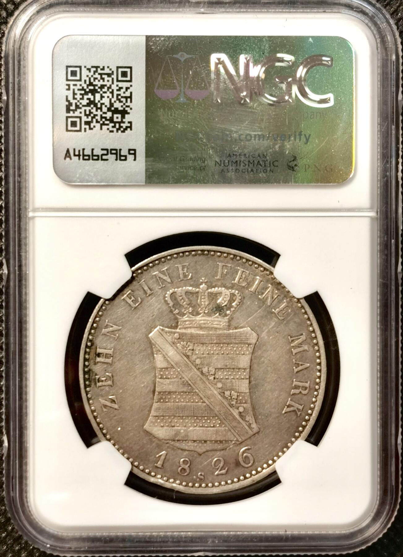 甄臻铺-世界币章拍卖（第38期）立冬小精品场，送拍享返佣金等优惠多多 NGC-AUD 1826年德国萨克森纹章1泰勒，打制清晰