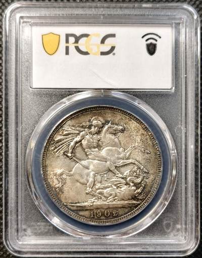 甄臻铺-世界币章拍卖（第38期）立冬小精品场，送拍享返佣金等优惠多多 PCGS-MS63+ 1902年英国爱德华七世马剑克朗大银币 普制爱七马剑的顶级状态 打制的基本没有缺点 非常难得的状态 没有常见的细节弱打 英系大佬oct出品