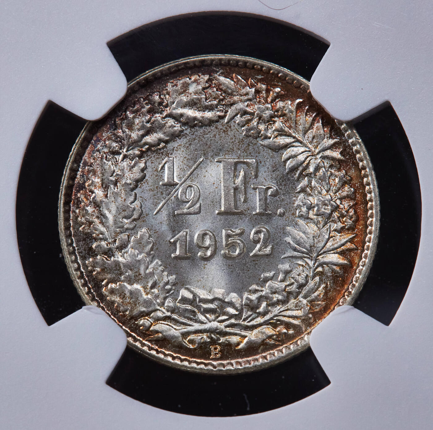 【俄甄集藏】2025年(044)11-12星期三晚 19:30 全场包邮 瑞士1952年B版1/2法郎银币，NGC MS67，冠军分，黄油环彩包浆，车轮转光，顶级状态，无懈可击