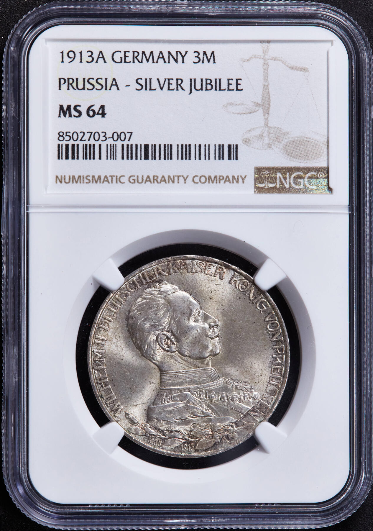【俄甄集藏】2025年(044)11-12星期三晚 19:30 全场包邮 德国普鲁士1913年A版威廉二世军装3马克银币，NGC MS64，黄油彩包浆，十字转光品相，状态养眼