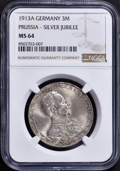 【俄甄集藏】2025年(044)11-12星期三晚 19:30 全场包邮 - 德国普鲁士1913年A版威廉二世军装3马克银币，NGC MS64，黄油彩包浆，十字转光品相，状态养眼