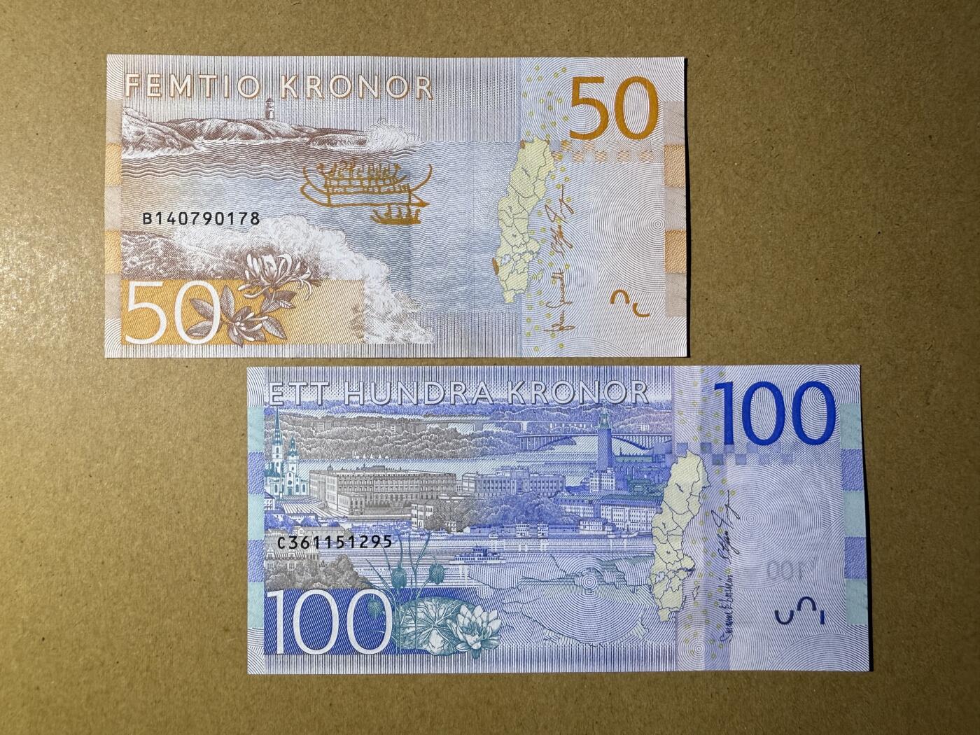 《艾美收藏》第219期-11.9周日外币畅拍场 瑞典50、100克朗2张 UNC 轻微荧光