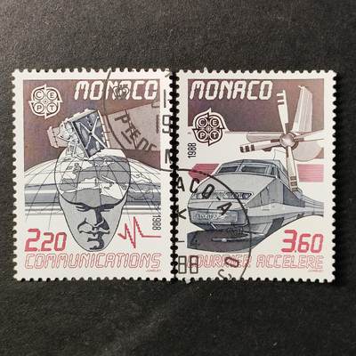 嘉禾收藏    【第372期】            无佣金、可寄存、满30元包邮 - 摩纳哥邮票，1988年欧罗巴 交通与通信雕刻版2全