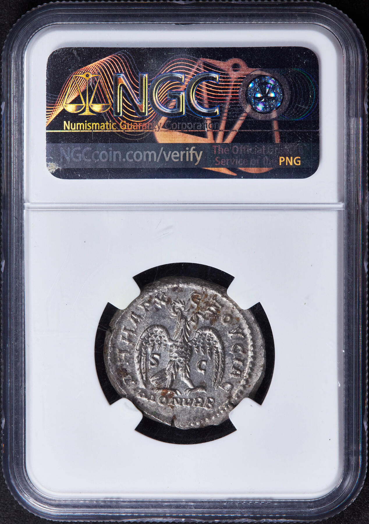 【俄甄集藏】2025年(044)11-12星期三晚 19:30 全场包邮 古罗马帝国叙利亚行省公元244-249年阿拉伯人菲利普一世四德拉克马银币，NGC MS，正面为阿拉伯人菲利普一世桂冠国王像，背面为雄鹰站像，两侧翅下分别“S.C（经元老院批准）”，少见版别