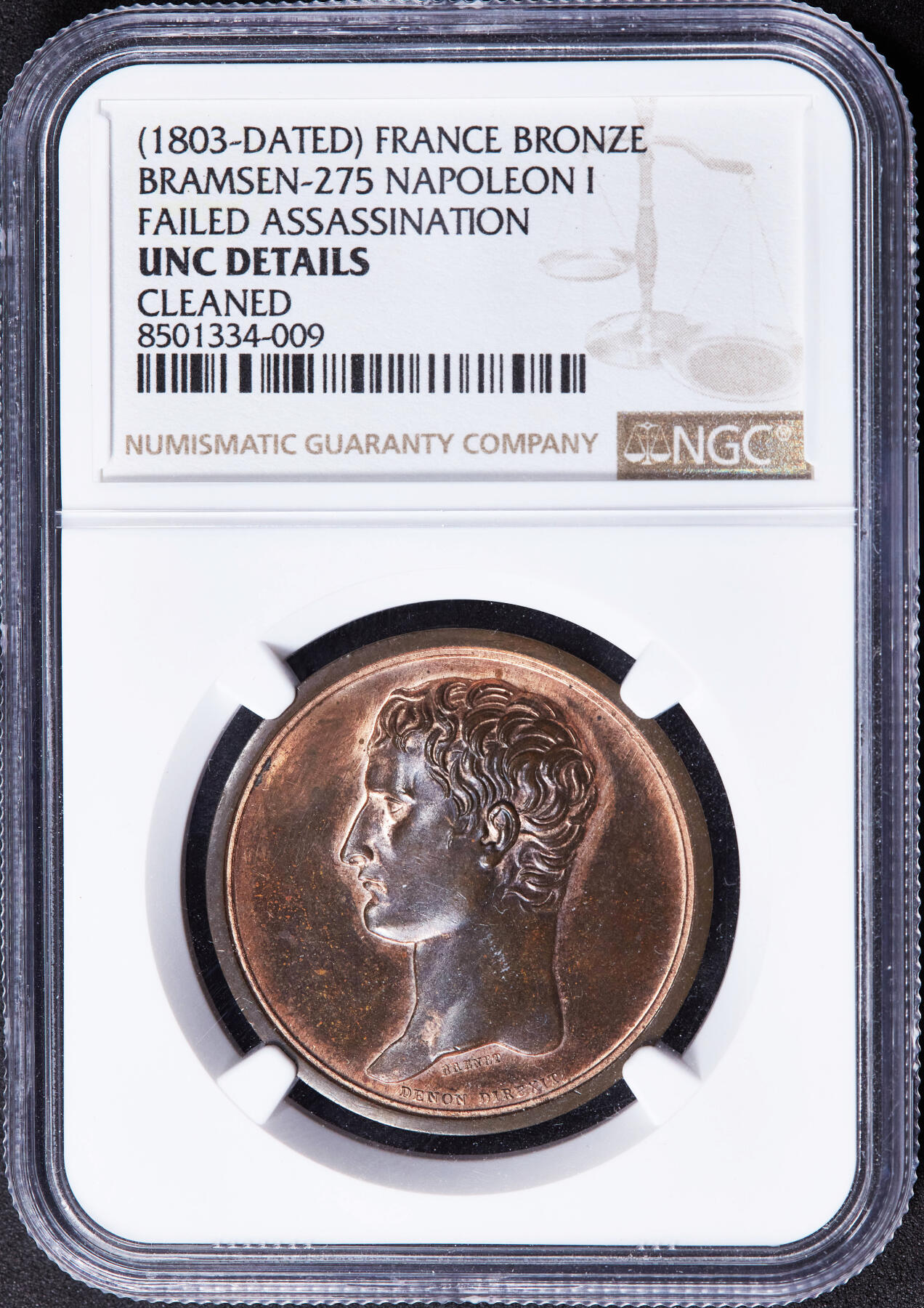 【俄甄集藏】2025年(044)11-12星期三晚 19:30 全场包邮 法国拿破仑帝国1803年拿破仑头像纪念刺杀国王失败铜章，NGC UNCD，背面命运女神福尔图娜操纵船桨，发行背景：1802年英国曾鼓动法国将领莫罗刺杀拿破仑，被拿破仑察觉，并开始大举抓捕保皇党‌，稀有品种，原铜光