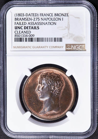 【俄甄集藏】2025年(044)11-12星期三晚 19:30 全场包邮 - 法国拿破仑帝国1803年拿破仑头像纪念刺杀国王失败铜章，NGC UNCD，背面命运女神福尔图娜操纵船桨，发行背景：1802年英国曾鼓动法国将领莫罗刺杀拿破仑，被拿破仑察觉，并开始大举抓捕保皇党‌，稀有品种，原铜光