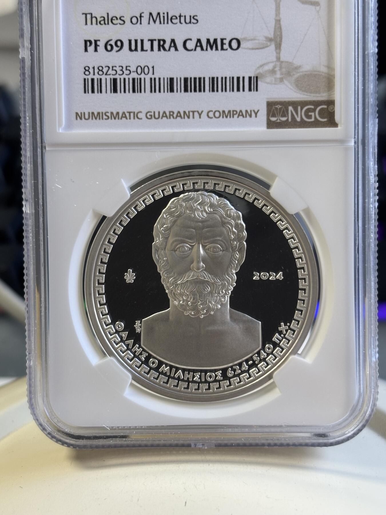 第181期拍卖 希腊2024年文化系列数学家埃拉托斯特尼10欧精制纪念银币NGC PF69原盒证书，34.1克，925银，发行2000枚