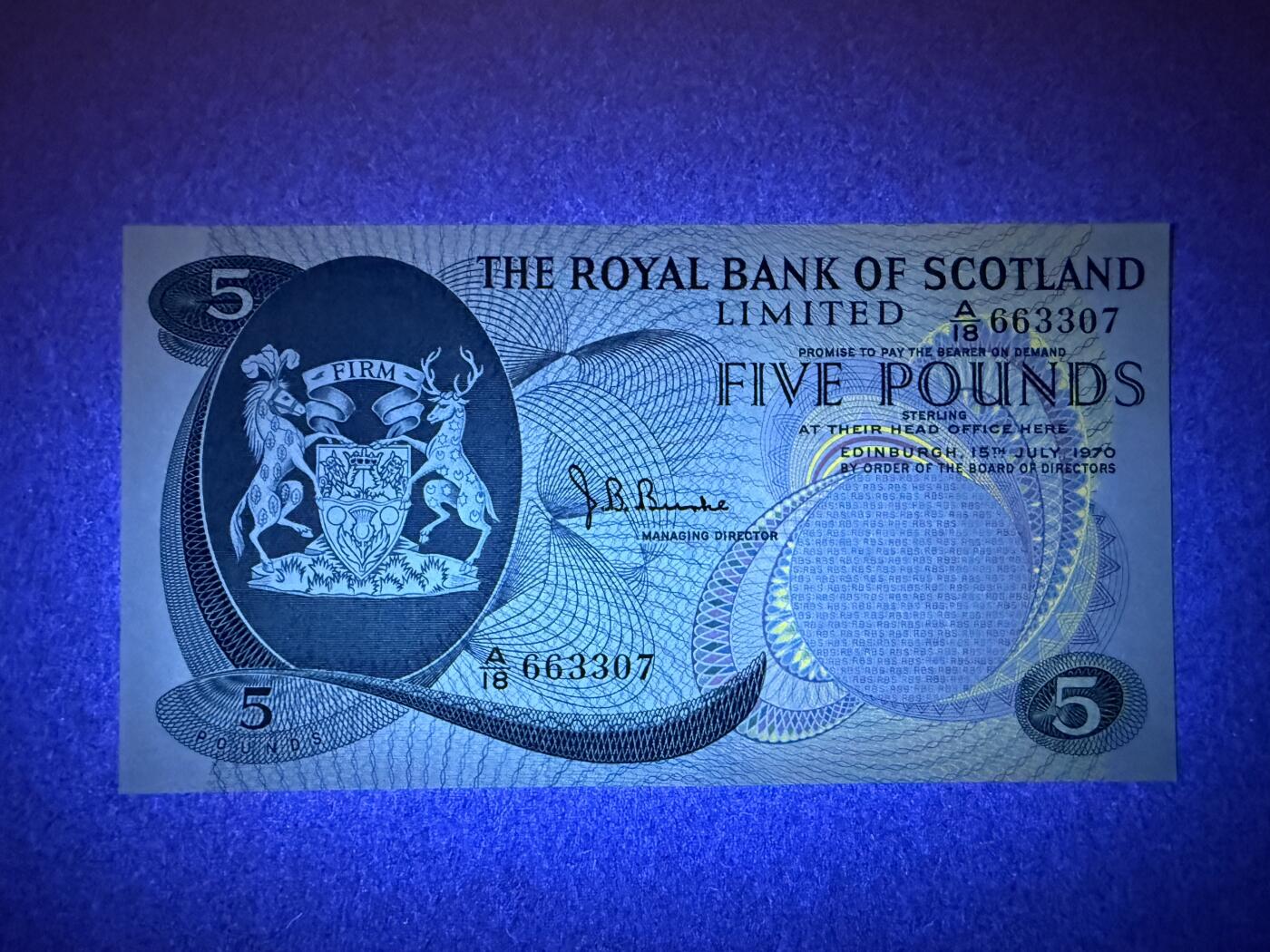 《艾美收藏》第219期-11.9周日外币畅拍场 苏格兰5镑 UNC 1970年 A18冠 皇家银行 原票好品 有处压痕 无4