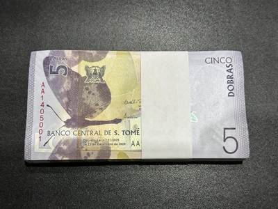 《外钞收藏家》第五百八十二期（精品场）（本平台长期征集拍品、欢迎藏友们联系合作） - 2020年圣多美和普林西比5多布拉 标准100连号 全新 尾001-200 AA冠