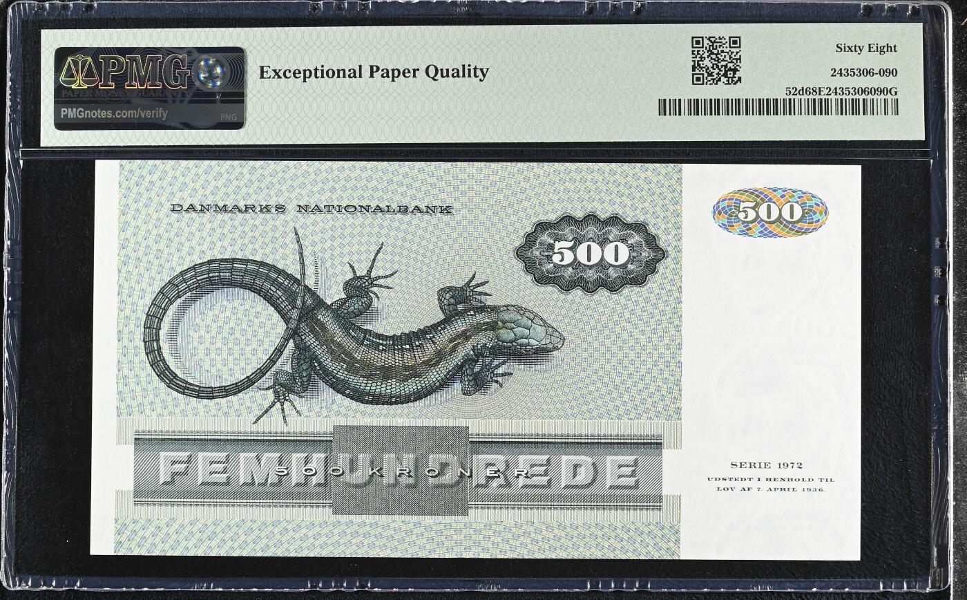 《艾美收藏》第219期-11.9周日外币畅拍场 丹麦1988年500克朗次高值PMG68E冠军分少见倒置号8110181数三018组合 大蜥蜴 Pick#52d