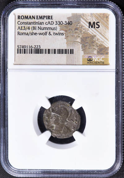 【俄甄集藏】2025年(044)11-12星期三晚 19:30 全场包邮 - 古罗马帝国公元332年-333年君士坦丁大帝母狼育婴罗马建城纪念铜币，NGC MS，正面罗马女神戴盔披氅面左胸像，币文罗马城，背面母狼哺婴源自罗马建城传说，母狼正哺育罗慕路斯和雷穆斯兄弟，上方两颗芒星，未流通
