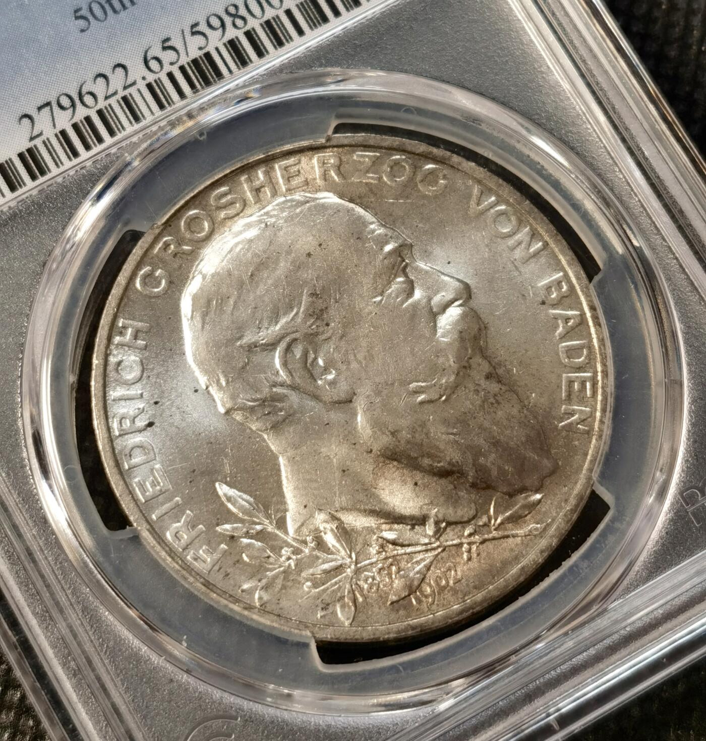 甄臻铺-世界币章拍卖（第38期）立冬小精品场，送拍享返佣金等优惠多多 PCGS-MS65 德国巴登1902年弗里德里希大公登基50周年5马克银币，顶级高分