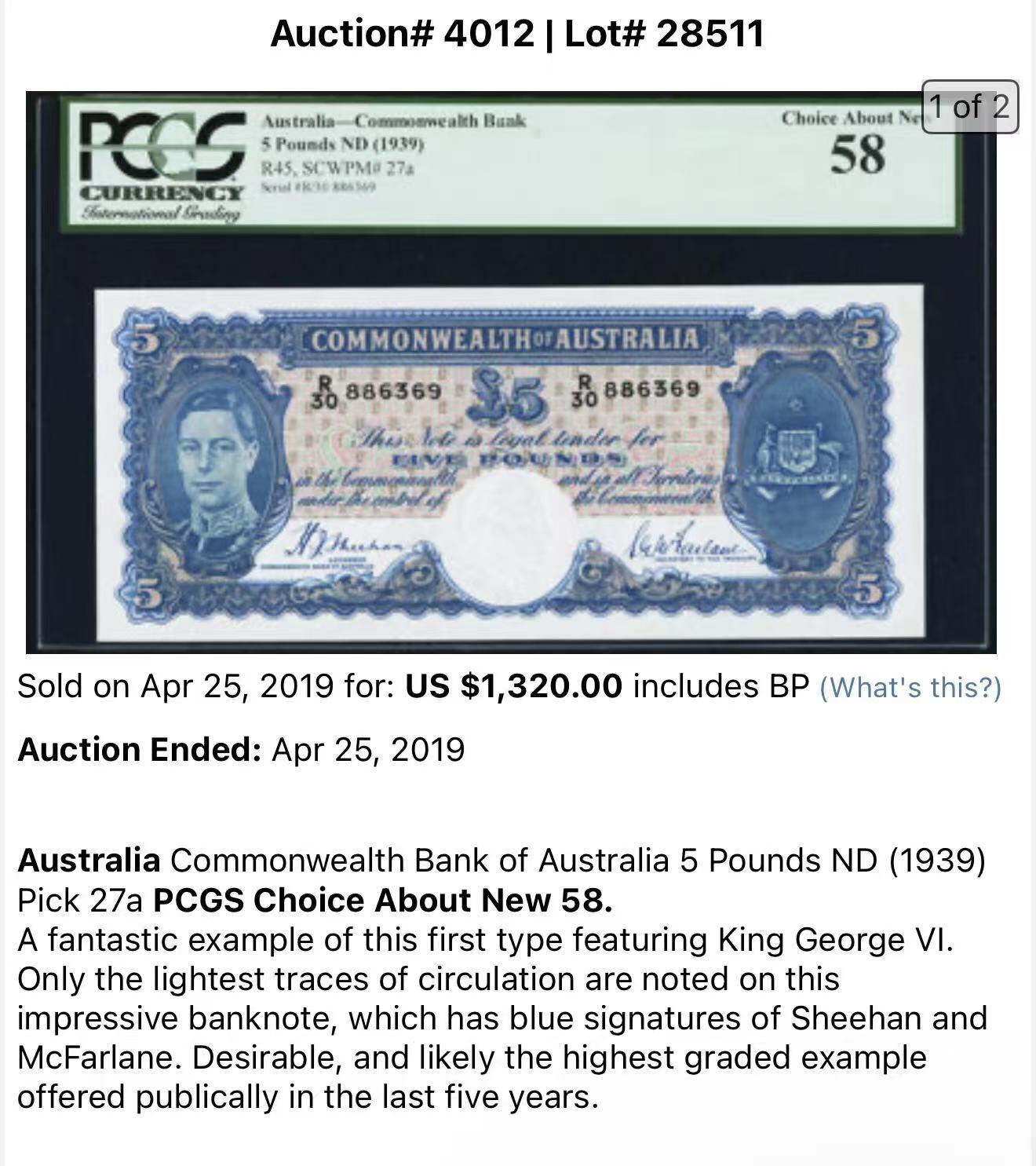 2025十一月第二期，总第200期 澳大利亚1939版5镑UNC-背面极细痕迹，极其稀有的首年份首签，乔治六世国王和搬运工浮雕，好品相近数年来许久未出现