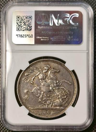 甄臻铺-世界币章拍卖（第38期）立冬小精品场，送拍享返佣金等优惠多多 NGC-AU55 1887年英国维多利亚高冠马剑克朗大银币 五彩包浆 很漂亮 最近上海ngc严评了 裸币成本1680