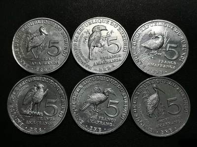 世界各国普、纪币捡漏专场(第十八场) - 2014年布隆迪珍惜野生动物鸟类5法郎纪念币一套六枚