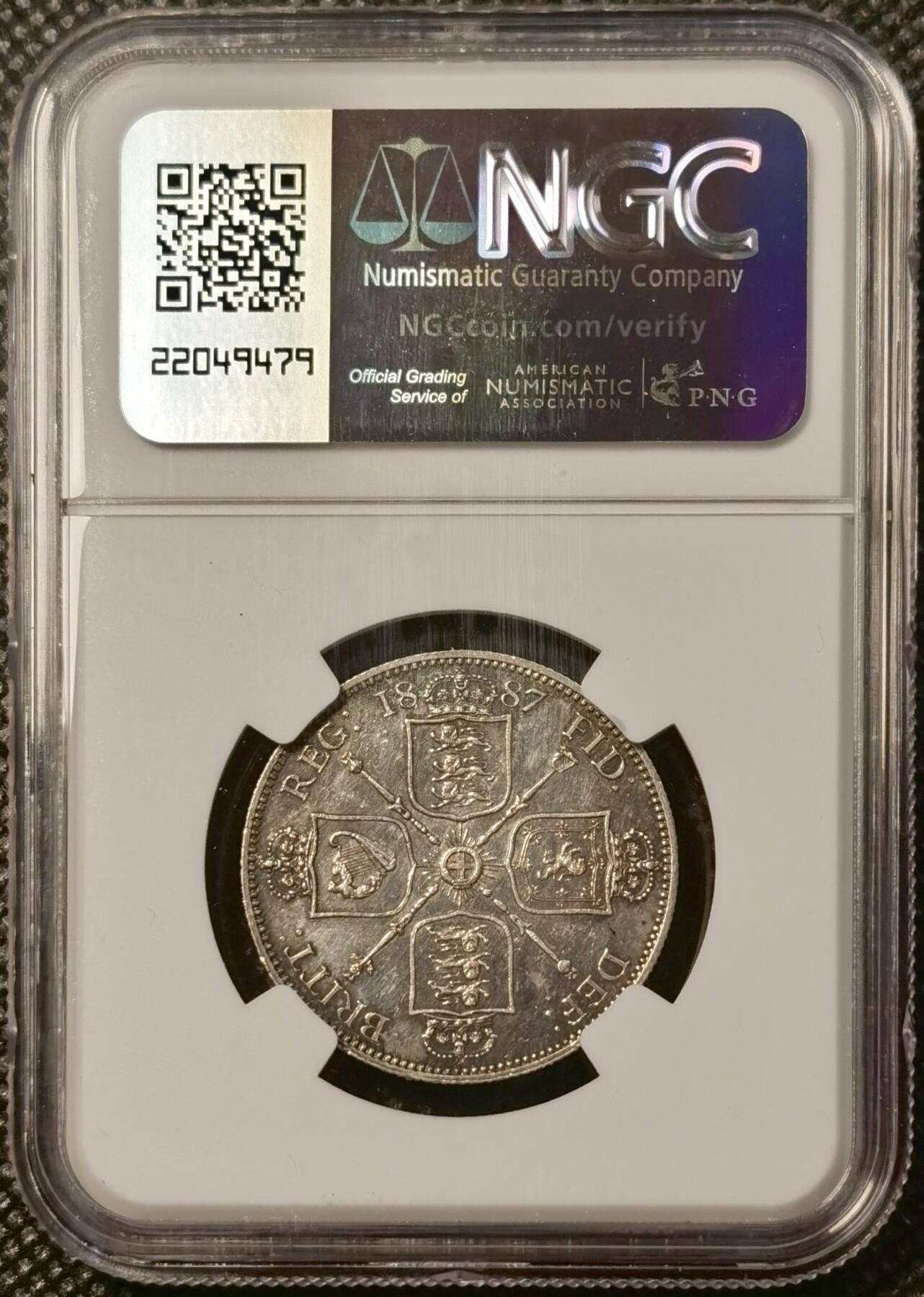 甄臻铺-世界币章拍卖（第38期）立冬小精品场，送拍享返佣金等优惠多多 NGC-UNCD 1887年英国高冠弗洛林2先令，淡紫色包浆