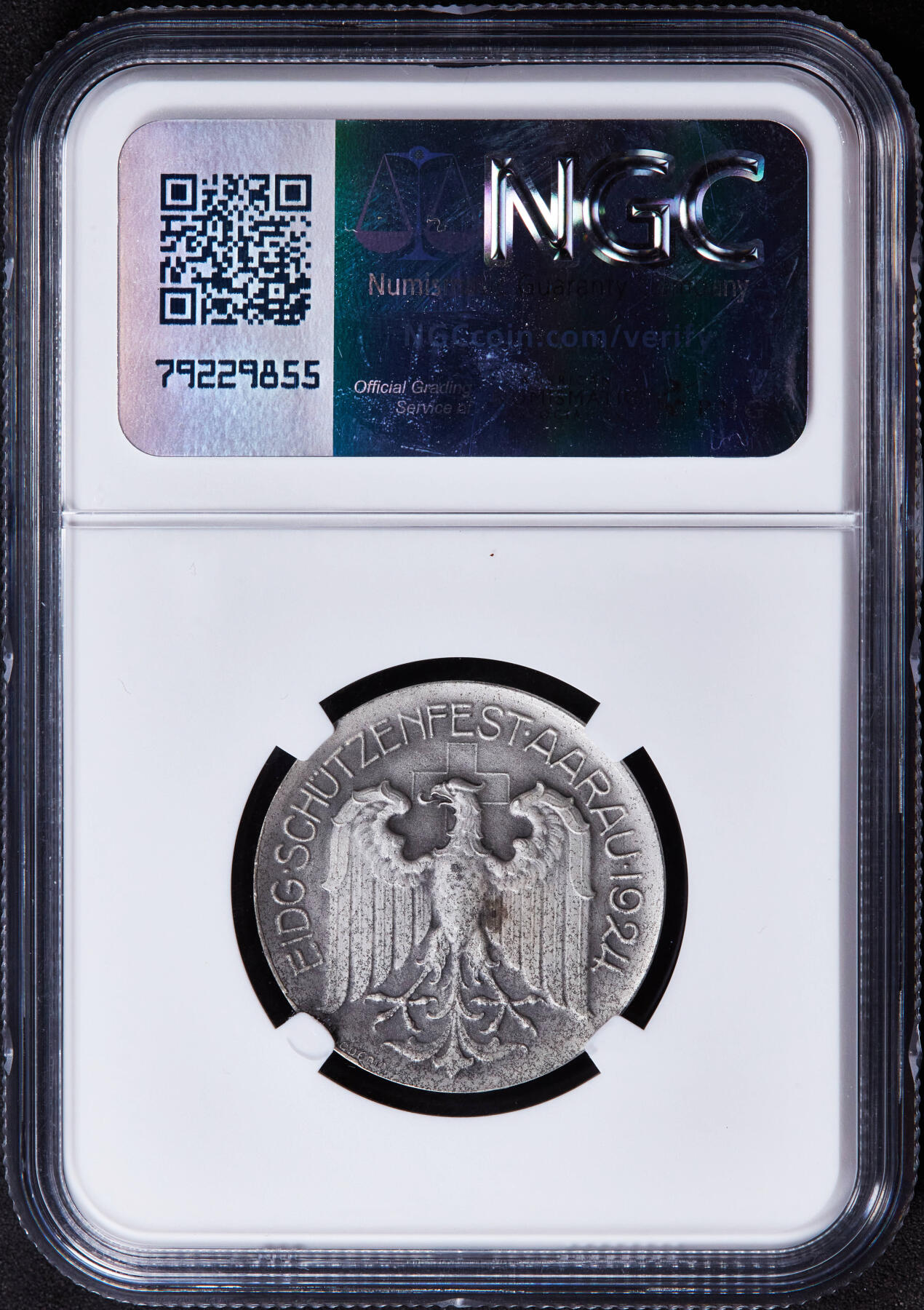 【俄甄集藏】2025年(044)11-12星期三晚 19:30 全场包邮 瑞士1924年威廉·退尔像纪念阿尔高射击节银章，NGC MS65，原味包浆，磨砂底板，顶级状态