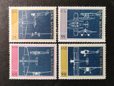 嘉禾收藏    【第372期】            无佣金、可寄存、满30元包邮 - 圣马力诺邮票，1973年二战时期飞机设计三视图邮票