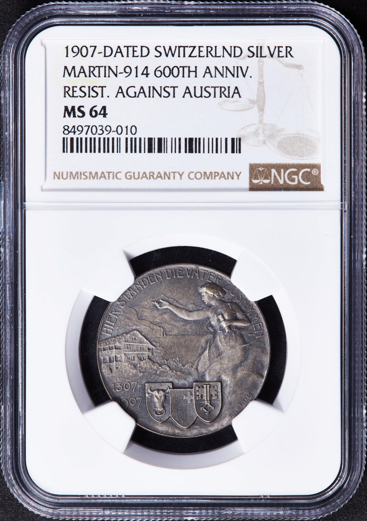 【俄甄集藏】2025年(044)11-12星期三晚 19:30 全场包邮 瑞士1907年纪念威廉·退尔在乌里抵抗奥地利哈布斯堡王朝胜利600周年银章，NGC MS64，酱彩包浆，磨砂底板