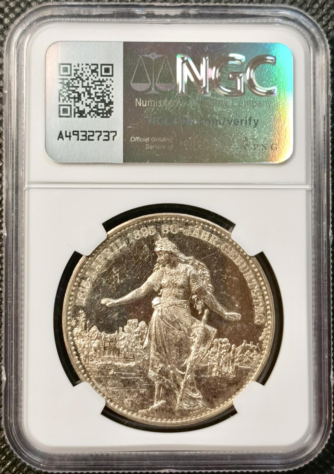 甄臻铺-世界币章拍卖（第38期）立冬小精品场，送拍享返佣金等优惠多多 NGC-MS61 德国1895年俾斯麦80寿辰纪念大银章 颇具分量38.6mm，27.52克，极少见火烧云包浆，类镜面PL工艺，高浮雕日耳曼妮娅女神端庄华贵，细节犀利，题材与品相兼具，值得收藏