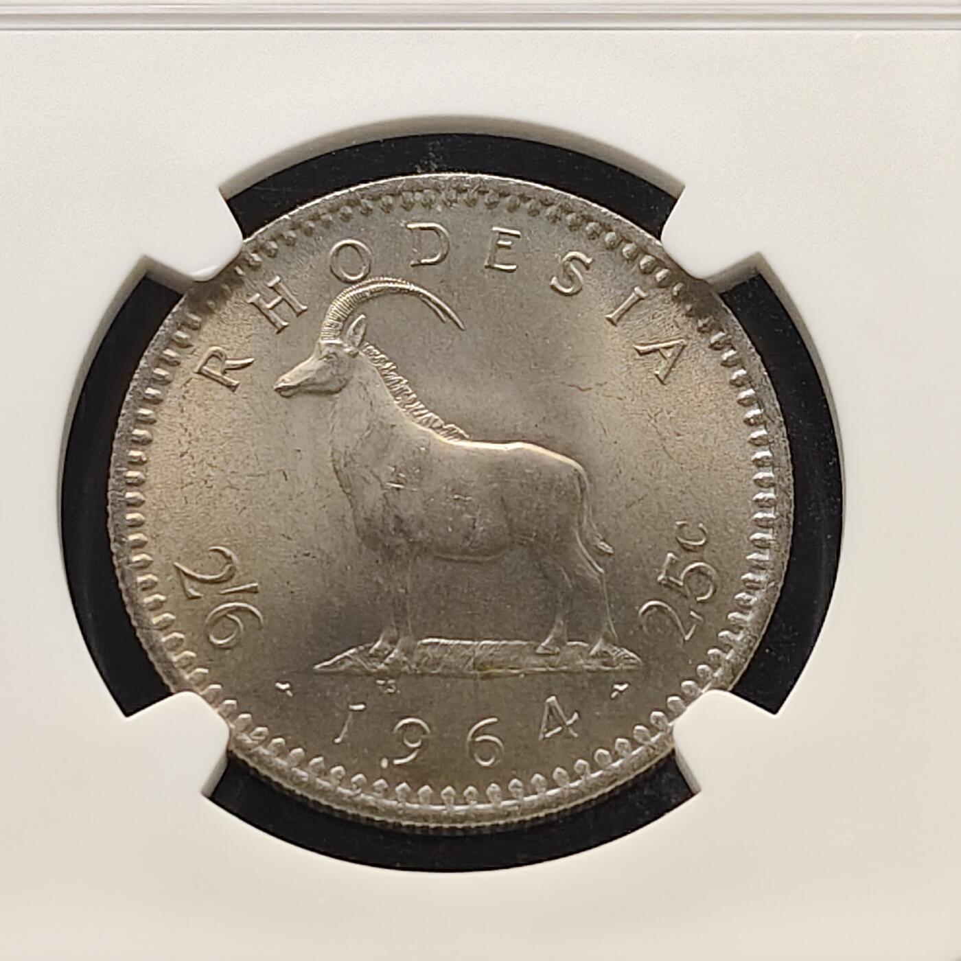 【全场包邮】纯粹捡漏拍477场（免费代拍第14场）调整中 英属罗德西亚1964年25分/2先令6便士双面值-NGC MS64