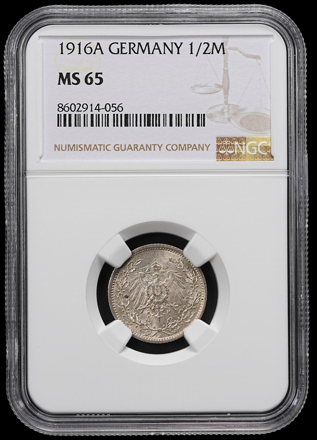 修遠堂世界钱币第九十二期 NGC MS65 1916年德国1/2马克银币 A厂铭