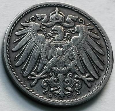 文馨钱币收藏第 279 场，银币，纪念铜章场 长期接收代拍品 - 1905 年德意志帝国长翅鹰 5 芬尼 第二版D厂