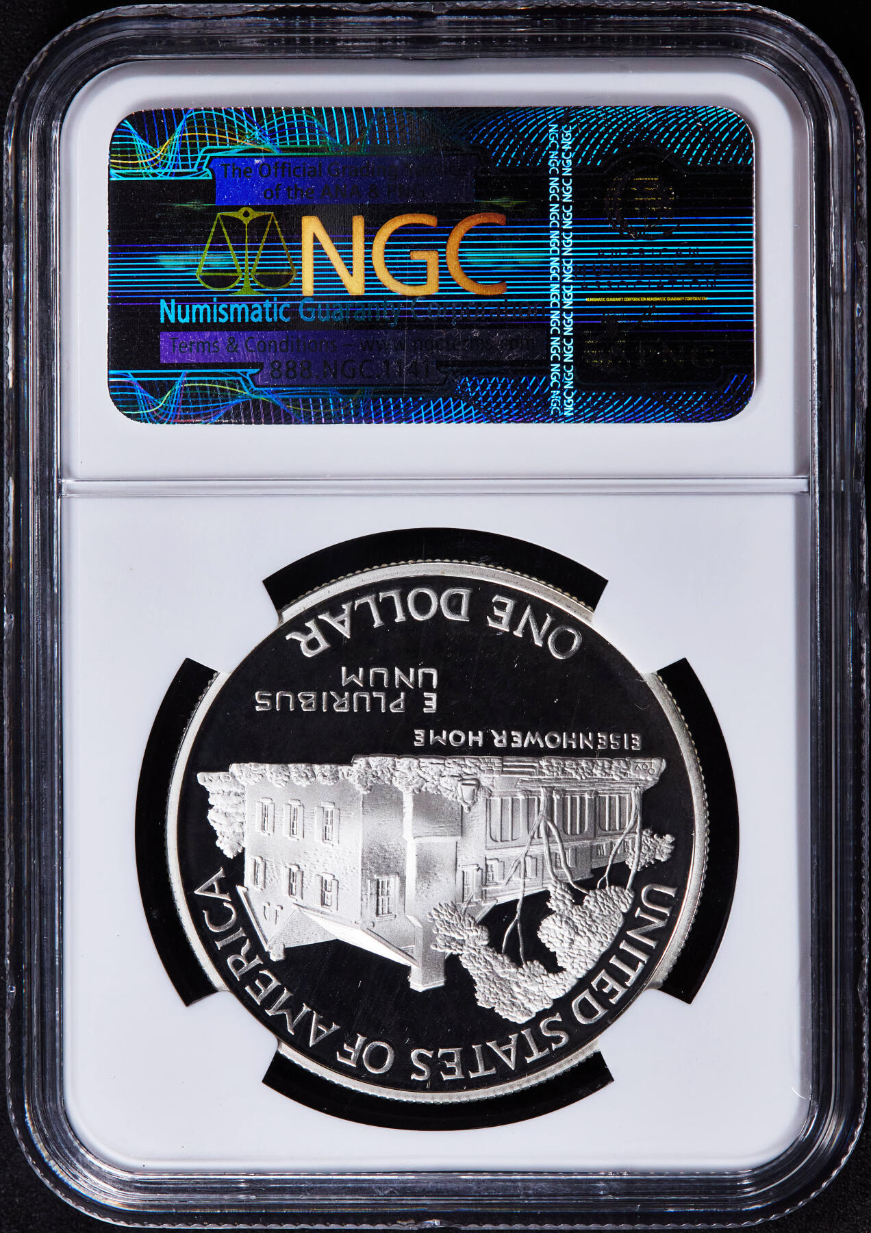 【俄甄集藏】2025年(044)11-12星期三晚 19:30 全场包邮 美国1990年纪念艾森豪威尔诞辰100周年1元精制大银币，NGC PF69UC，重26.73克，90%银，发行量1144461枚，费城造币厂铸造