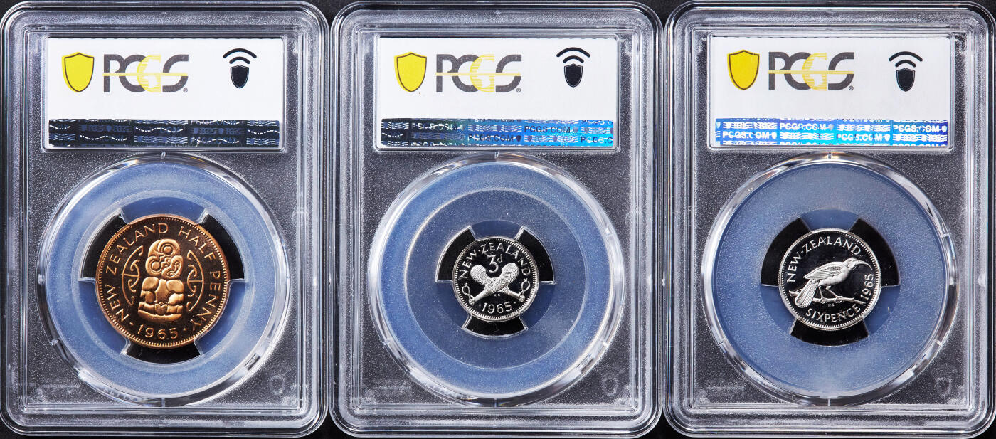 【俄甄集藏】2025年(044)11-12星期三晚 19:30 全场包邮 新西兰1965年伊丽莎白二世类精制硬币1/2便士-1/2克朗5枚一组，PCGS SP67-SP68，发行量25000套，热门品种