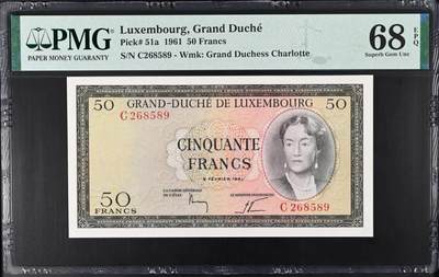 《艾美收藏》第219期-11.9周日外币畅拍场 - 卢森堡1961年50法郎PMG68E唯六冠军分无347 难上分品种 Pick#51a