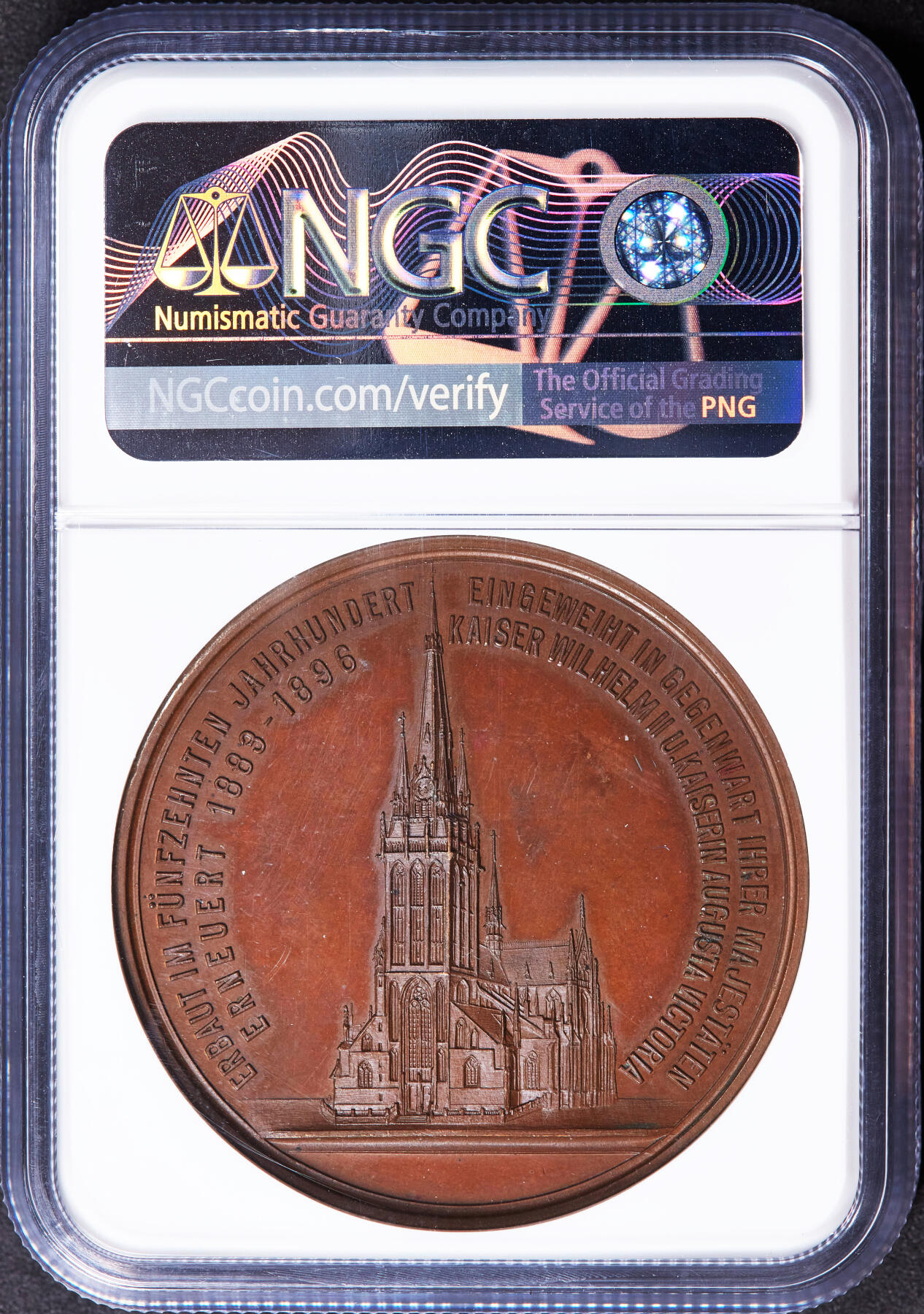 【俄甄集藏】2025年(044)11-12星期三晚 19:30 全场包邮 德国1896年纪念威斯特法伦威利布罗德大教堂的落成大铜章，NGC MS64，高浮雕，巧克力包浆，状态极佳