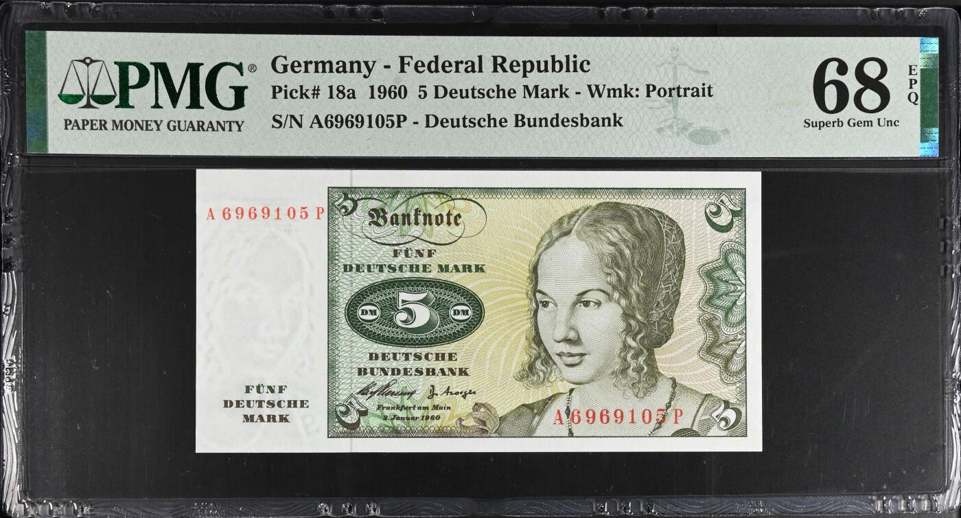 《艾美收藏》第219期-11.9周日外币畅拍场 德国1960年初版A冠5马克PMG68E冠军分无347,初版首发年A冠,罕见超高分 一步到位 丢勒名画
