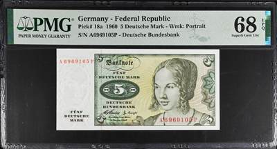 《艾美收藏》第219期-11.9周日外币畅拍场 - 德国1960年初版A冠5马克PMG68E冠军分无347,初版首发年A冠,罕见超高分 一步到位 丢勒名画
