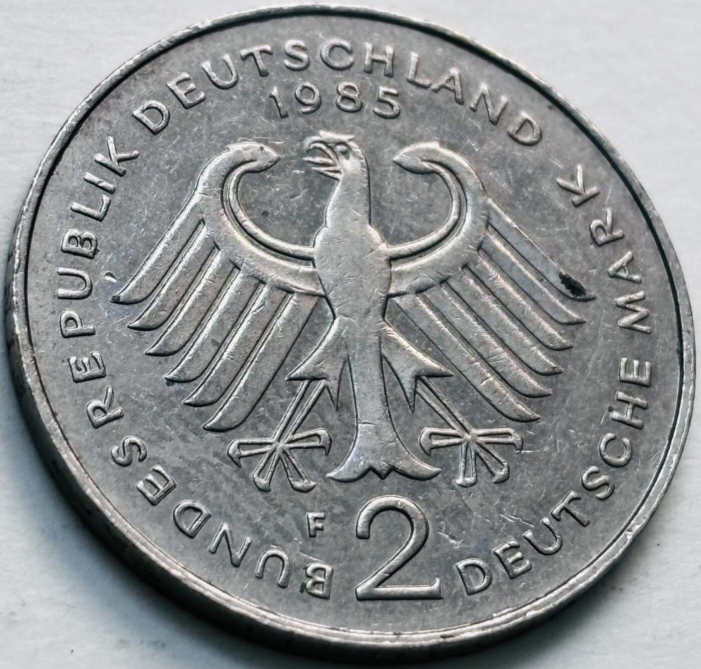 文馨钱币收藏第 279 场，银币，纪念铜章场 长期接收代拍品 1985 年德国 2 马克 F 版，第一任总统纪念币