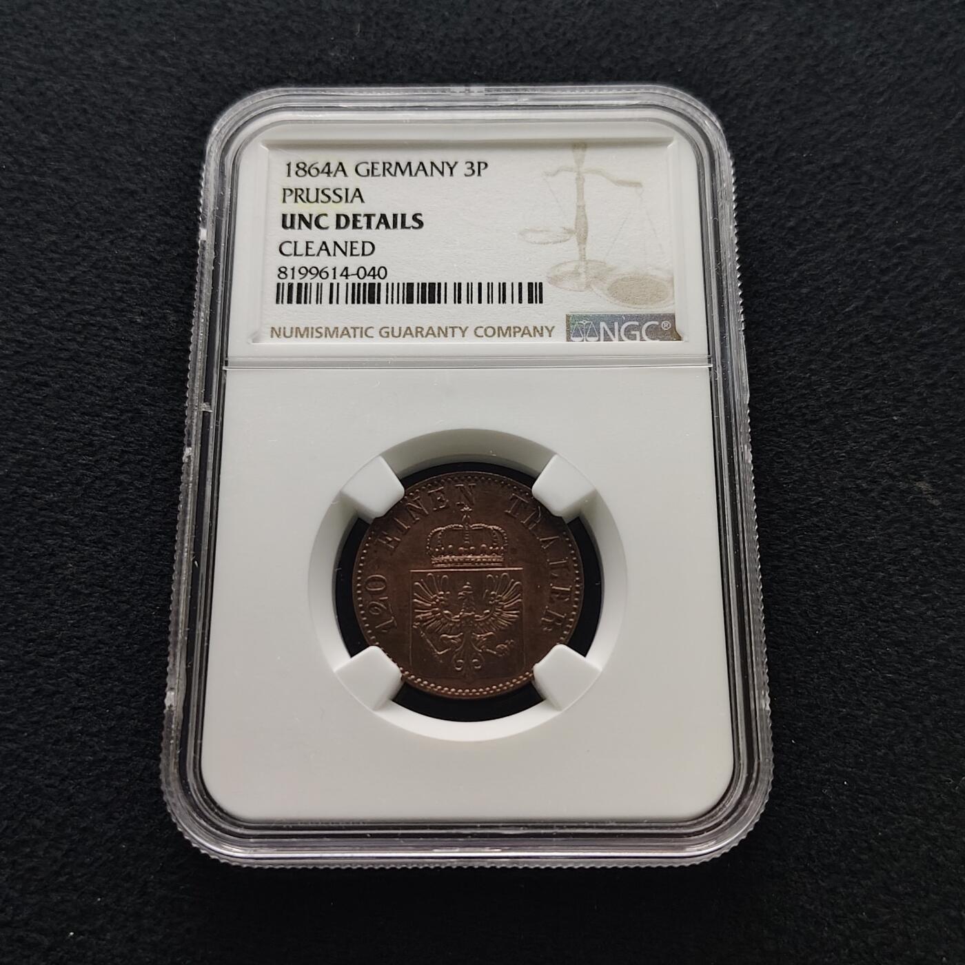 【全场包邮】纯粹捡漏拍477场（免费代拍第14场）调整中 德国普鲁士1864年3芬尼铜币-NGC UNC DETAILS