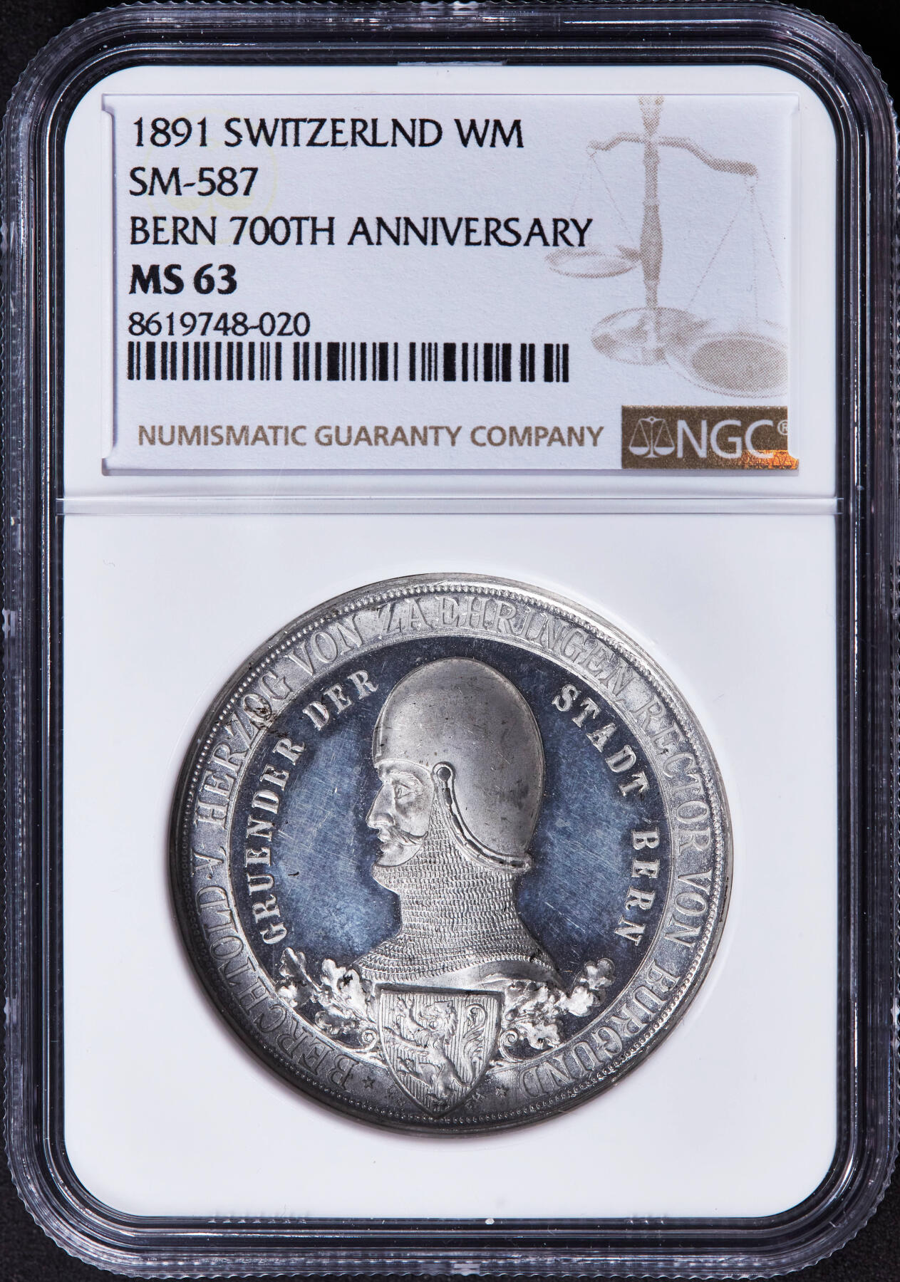 【俄甄集藏】2025年(044)11-12星期三晚 19:30 全场包邮 瑞士1891年纪念伯尔尼建城700周年白色金属纪念章，NGC MS63，高浮雕，底板凝霜，银章铜章居多，白色金属锌章极其少见，好品难得