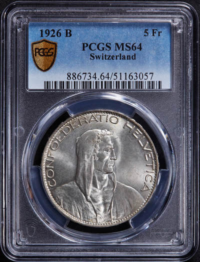 【俄甄集藏】2025年(044)11-12星期三晚 19:30 全场包邮 - 瑞士1926年B版伯尔尼厂5法郎大银币，PCGS MS64，顶级状态，黄油车轮转光